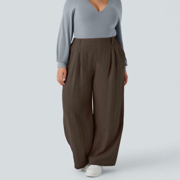 NEW HALARA 1X DARK EARTHY BROWN LINEN FEEL HIGH WAIST WIDE LEG POCKETS PANTS - Picture 1 of 4